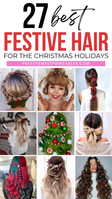 Christmas holiday hairstyles Crazy Holiday Hair Christmas, Silly Christmas Hairstyles, Creative Christmas Hairstyles, Who Vile Hair, Christmas Hair For Women, Fun Holiday Hairstyles, Christmas Tree Hairstyles For Kids, Christmas Concert Hairstyles Girl Hair, Christmas Updos For Long Hair