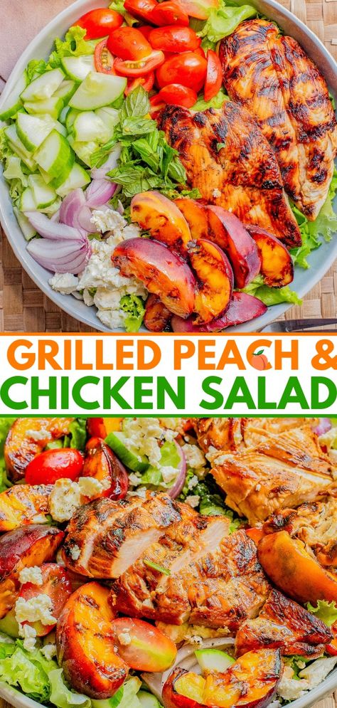 Summer Grilled Peach Salad with Chicken - Averie Cooks Salad With Lemon Vinaigrette, Peach Chicken, Grilled Peach Salad, Juicy Grilled Chicken, Fish Pasta, Recipe Using Chicken, Easy Grilling Recipes, Averie Cooks, Salad With Lemon