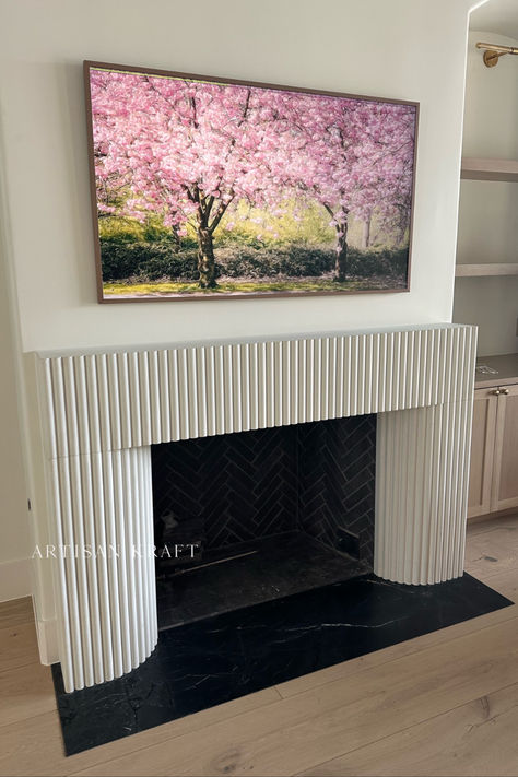 Reeded Fireplace Mantel Surround in a traditional style living. Reeded Fireplace, Fluted Fireplace, Fireplace Mantel Surround, Cast Stone Mantel, Cast Stone Fireplace, Fireplace Mantel Surrounds, Stone Fireplace Mantel, Stone Mantel, Mantel Surround