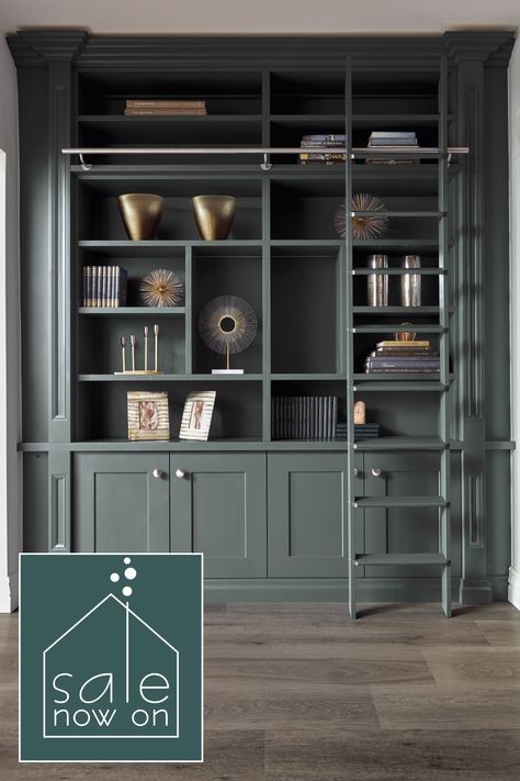 Home Library Furniture, Built In Library, Home Interior Inspiration, Green Library, Home Library Rooms, House Renovation Projects, Snug Room, Built In Shelves Living Room, Library Furniture