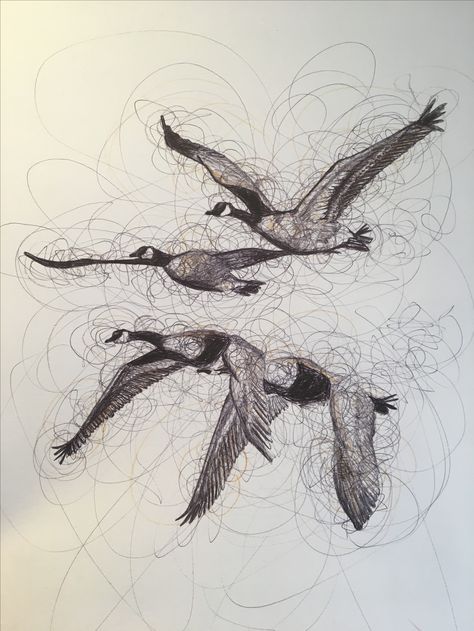 Scribble picture of a flock of Canada Geese using biro. More work and art for sale at  Iamsarah.tictail.com Flying Geese Drawing, Wild Geese Tattoo, Watercolour Geese, Canadian Geese Drawing, Canada Geese Art, Goose Drawing, Pigeon Post, Geese Flying Formation, Snow Goose