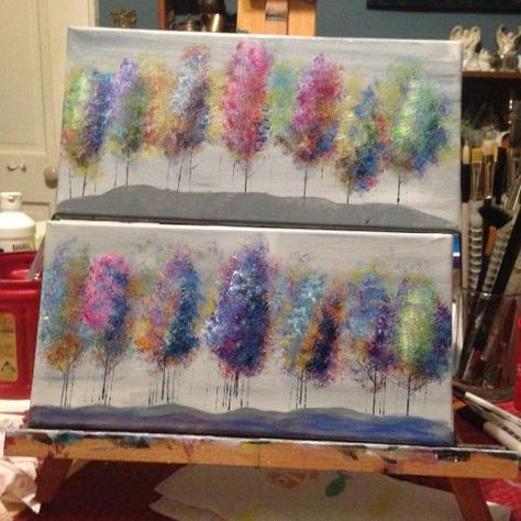 Sponge Trees Sponge Canvas Painting Ideas, Sponge Painting Ideas Canvases, Sponge Tree Painting, Easy Sponge Painting Ideas, Sponge Dabbing Painting, Fall Tree Canvas Painting Ideas, Sponge Painting, Simple Acrylic Paintings, Canvas Pictures