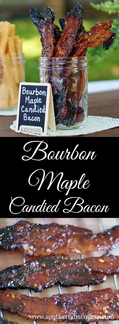 Bourbon   maple   bacon with just a little red pepper kick, all candied to a gorgeous perfection. If slow, sweet southern drawls ever had a flavor, they would taste just like this. Maple Candied Bacon Recipe, Maple Candied Bacon, Kentucky Derby Recipes, Candied Bacon Recipe, Bacon Desserts, Southern Discourse, Bacon Party, Kentucky Derby Party Food, Maple Candy