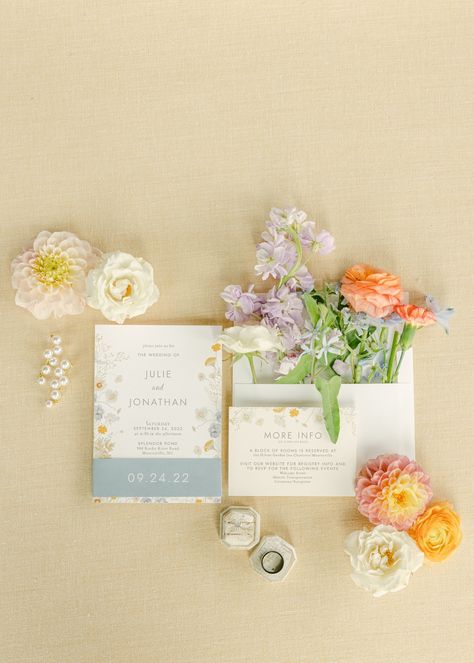 Garden Party Wedding Stationary, Garden Theme Wedding Invitations, Colorful Wedding Details, Garden Party Wedding Details, Wedding Invitations Photography, Spring Wedding Detail Shots, Wedding Invitation Spring, Wedding Invite Flat Lay, Spring Wedding Stationary