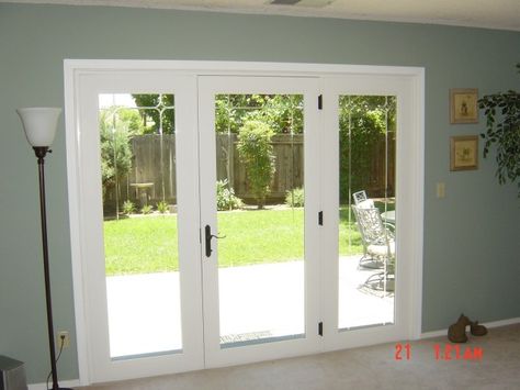 Triple full-view French doors French Door Exterior, Bifold French Doors, Exterior Patio Doors, Patio Decks, Door Decks, Exterior Doors With Glass, Door Exterior, French Doors Exterior, Garage Door Design