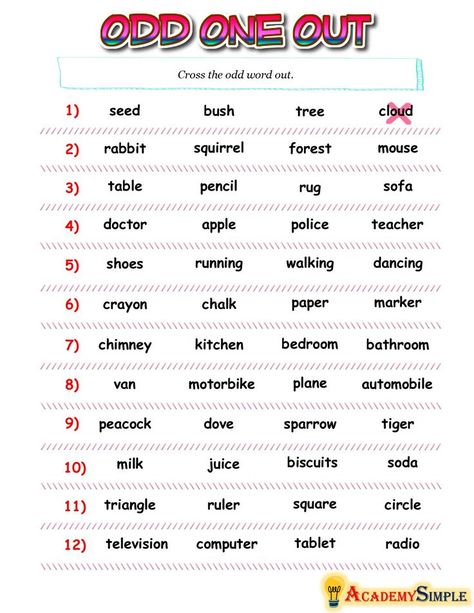 Odd Word Out Worksheets, Vocabulary Worksheets Elementary, Odd Words, Vocabulary Activities Elementary, English Words Vocabulary, Speaking Activities English, Free Printable Alphabet Worksheets, Worksheets For Class 1, Words Vocabulary