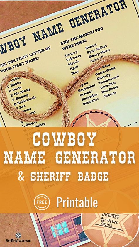 Add Some Flair to Your Wild West Studies or party with a Cowboy Name Generator and Sheriff Badge. This name generator is sure to add hilarity to your homeschool, classroom, or get-together. Find your ridiculous cowboy name with this free printable. Wild West Unit Study, Cowboy Printables Free, Cowboy Names Wild West, Wild West Camp Theme, Wild West Activities, West Girl, Cowboy Birthday Party Invitations, Cowboy Camp, House Themes