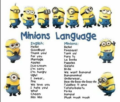 Minion language translator Minion Language, Banana Language, Minion Talk, Banana Minion, Minion Humour, Minion Banana, Minion Jokes, Minions Love, Cute Minions