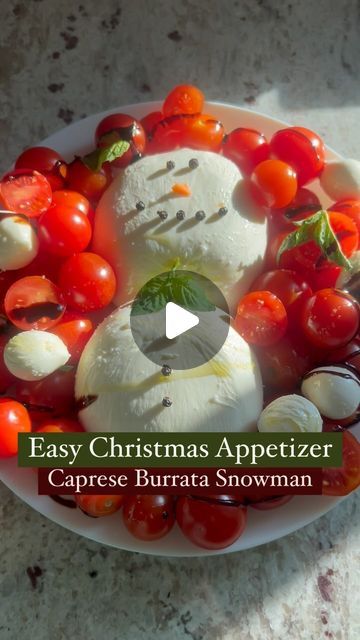 Caterina Cosentino on Instagram: "Snowman Burrata is a super fun way to serve an easy and delicious appetizer for Christmas!🎅🏼 ⛄️ 2 Burrata balls Peppercorn eyes, mouth and buttons Carrot nose Basil leaves Cherry tomatoes Small mozzarella balls Oil Salt Balsamic vinegar #easyappetizer #christmasappetizers #christmasfood #snowman #capresesalad #burrata #burratacheese #burratagram #christmasdinner #thecookingmawma" Burrata Snowman, Christmas Appetizers Easy, Burrata Cheese, Basil Leaves, Christmas Appetizers, Balsamic Vinegar, Christmas Dinner, Caprese Salad, Yummy Appetizers