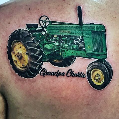 Mens Tattoo Designs Farming Themed Tattoos For Farmers, Farm Tattoo Ideas For Men, Tractor Tattoo Memorial, Tractor Tattoo Ideas, Farmer Tattoo Ideas, Grandparent Tattoos, Farm Tattoos, Tractor Tattoo, Grandparent Tattoo