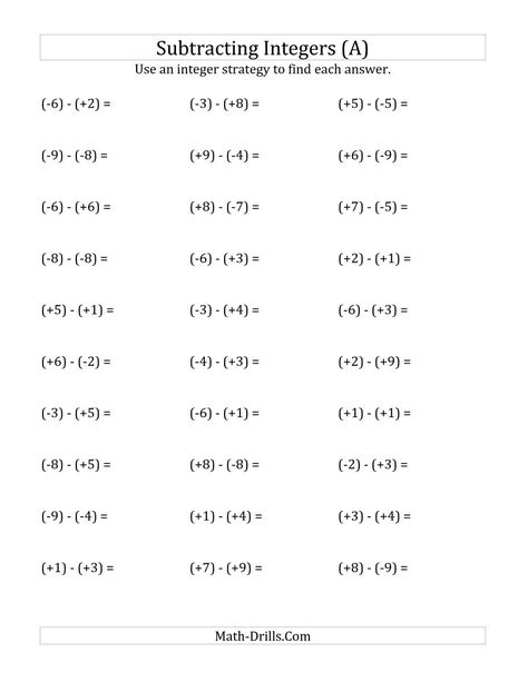 The Subtracting Integers from (-9) to (+9) (All Numbers in Parentheses) (A) Math Worksheet from the Integers Worksheets Page at Math-Drills.com. Addition Of Integers, Add Integers, Adding Integers Worksheet, Subtracting Negative Numbers, Subtracting Integers Worksheet, Multiplying Integers, Negative Numbers Worksheet, 7th Grade Math Worksheets, Adding Integers