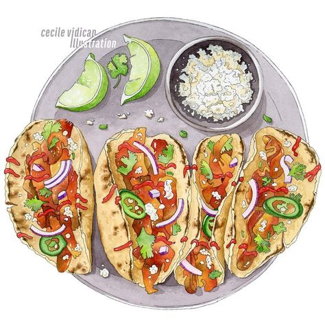 A plate of tacos painted in watercolor, with 4 tacos on a grey plate, with a small pot of Mexican chees top right, and 2 lime wedges top left. Watercolor Food Art, Taco Platter, Watercolor Food Illustration, Fall Menu, Cotija Cheese, Watercolor Food, Food Truck Design, Cute Food Drawings, Taco Stuffed Shells