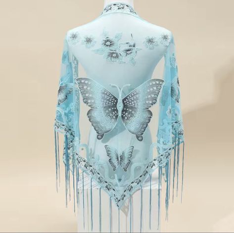 Butterfly Flower Embroidery, Triangle Shawl, Bridal Wrap, Triangle Shawls, Triangle Scarf, Butterfly Flower, Butterfly Decorations, Flower Lace, Embroidery Lace