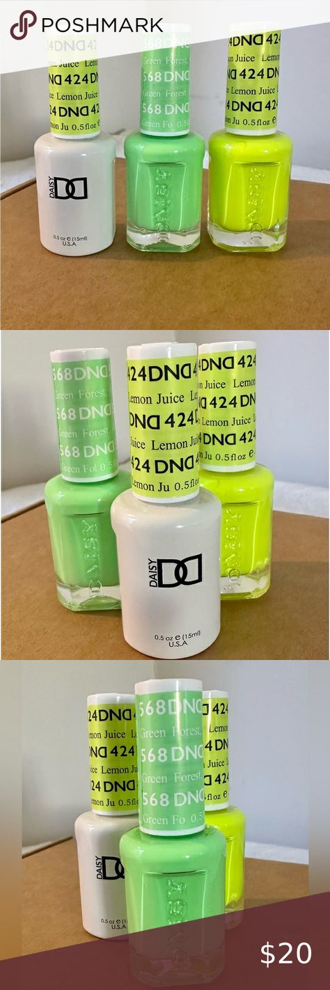 Daisy DND nail polish. One set gel and regular (#424) and a regular color (#568) Dnd Nail Polish, Green Forest, One Set, Lemon Juice, Cruelty Free, Daisy, Nail Polish, Thank You, Nails