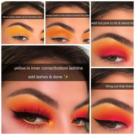 Red Yellow Eyeshadow, Orange And Red Eyeshadow Looks, Yellow And Red Makeup, November Makeup, Sunrise Makeup, Egyptian Eye Makeup, Orange Eyeshadow Looks, Halloween Eyeshadow, Iconic Makeup