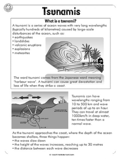 Tsunamis (5pg) Tsunami Project For Kids, Tsunami Video, Tsunami Project, Articles For Kids, Gcse Geography, Weather Science, Geography Lessons, Living On The Edge, Science Worksheets