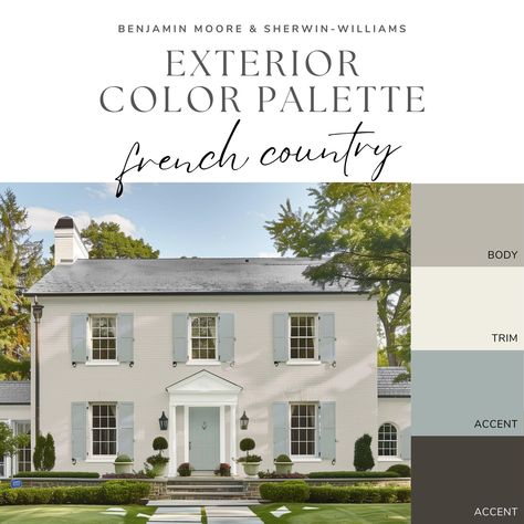 Elevate your home's exterior with our French Country Exterior Color Palette - an expertly curated collection of greige (blend of gray and beige), warm white, blue-gray, and dark brown paint colors that can make your home the envy of the block! Delivered as a convenient digital download, this guide features handpicked Benjamin Moore and Sherwin-Williams exterior paint colors, complete with names and codes. This palette makes it easy to achieve beautiful results, without the overwhelming trips to Colored Farmhouse Exterior, Escape Gray Sherwin Williams Exterior, Pastel Exterior House Colors, Gossamer Veil Sherwin Williams Exterior, Outside House Paint Colors Ideas, Dark Brown Paint Colors, Color Palette French Country, Exterior Home Paint Colors, Creamy Sherwin Williams