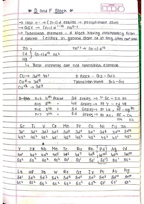 Handwritten D and F Block - Short Notes 📚 D And F Block Elements Notes Class 12, P Block Chemistry Notes Class 12, D And F Block Elements Notes, D Block Elements, Electronic Configuration, Chemistry Class 12, Neet Notes, Element Chemistry, Redox Reactions