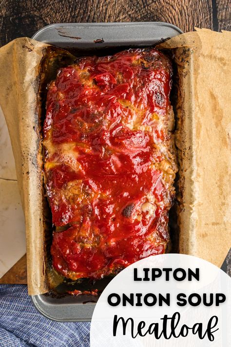 Craving a delicious meatloaf but don't want to bother with a long list of ingredients and hours of prep? This Lipton Onion Soup Meatloaf is is your answer! You only need 10 minutes to prep and with ingredients like Lipton Onion Soup and ground beef you can always have what you need on hand. The finished product is juicy, flavorful, and a guaranteed hit on any dinner table. Lipton Soup Meatloaf Recipe, Lipton Soup Meatloaf, Lipton Onion Soup Mix Meatloaf, Lipton Meatloaf, Onion Soup Mix Meatloaf, Lipton Onion Soup Meatloaf, Ground Beef Meatloaf, Onion Soup Mix Recipe, Delicious Meatloaf