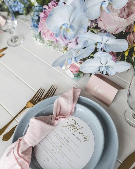 Dusty Blue And Pink Table Setting, Pink Blue Table Setting, Pastel Blue And Pink Wedding Theme, Powder Blue Table Setting, Table Settimgs In Pink And Blue, Princess Wedding Theme, French Themed Parties, Kids Party Tables, Blush Wedding Theme