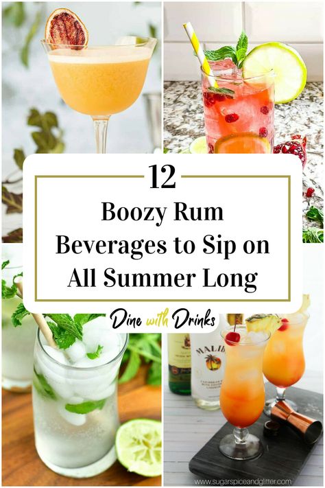 Collage of 4 sweet rum cocktails. Refreshing Rum Cocktails, Rum Drinks Easy, Best Rum Cocktails, Summer Rum Cocktails, Rum Mixed Drinks, Rum Cocktails Easy, Spiced Rum Cocktails, Bachelorette Party Drinks, Rum Cocktail Recipes