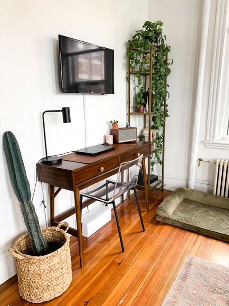 Decor Under Tv, Boston Apartment, Being Intentional, Under Tv, Small Space Design, Apartment Tour, Bedroom Desk, Small Space Living Room, Beacon Hill