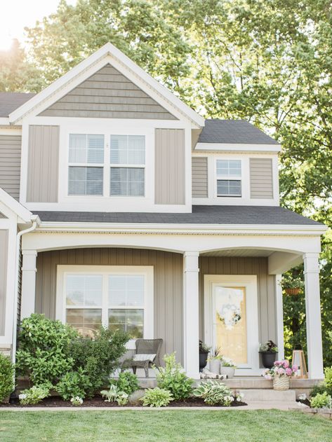 Our Yard Tour :: Rhiannon Bosse Linen House Exterior, Cute Neighborhood Houses, Simple Suburban House Exterior, Small Family Home Exterior, Suburban Home Exterior, Cute Suburban House, Small Suburban House Exterior, Small Suburban House, Home Owner