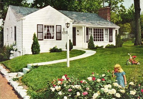 Mid century minimalist traditional home with rose garden. Minimal Traditional Home Exterior, 1940 House Exterior, 40s House, Minimal Traditional Home, 1950s Homes, 1940 House, Cape Cod House Exterior, Minimal Traditional, 1950s House