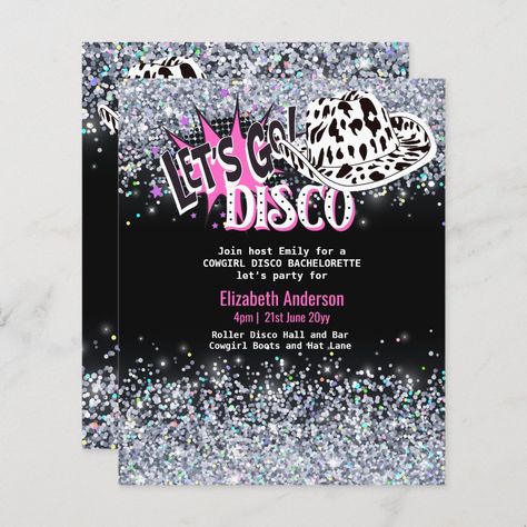 COWGIRL DISCO BACHELORETTE Pink Black Silver In | #leahg #bachelorette #cowgirl #disco #cowgirldiscoparty #cowgirldiscobirthday #blackpinksilver #cowprint #retro70scowgirldiscoparty #budget Bachelorette Party Kits, Cowgirl Invitations, Cowgirl Disco, Cowgirl Bachelorette Parties, Disco Bachelorette, Disco Decorations, Bachelorette Weekend Invitations, Western Birthday Party, Pink Bachelorette