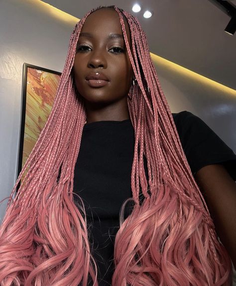 Pink Short Braids, Pink Braids With Curls, Light Pink Braids Black Women, Pink French Curl Braids, Blonde And Pink Box Braids, Pink Goddess Braids, Pink Hair Braids, Pink Braids Black Women, Black And Pink Braids