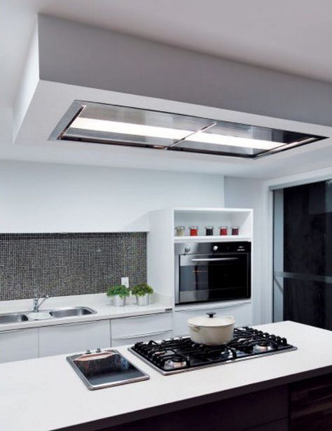 New Photos - 54" Skylight - Designer Ceiling Range Hood. The “Skylight” range hood from Futuro Futuro is a unique approach to kitchen ventilation. Flush-mounted into the ceiling, or built into a soffit, it offers powerful airflow without obstructing the view. Modular design with multiple mounting options allows for easy installation.  #kitchen #kitchendesign #kitchenideas #kitchenremodel #kitchendecor #kitchenhoods #homedecor #hoods #rangehoods #homeimprovement #renovate #decor #decoration #exha Ceiling Soffit, Ceiling Mount Range Hood, Ceiling Hood, Ceiling Exhaust Fan, Kitchen Extractor, Wall Exhaust Fan, Skylight Kitchen, Island Range, Kitchen Ventilation