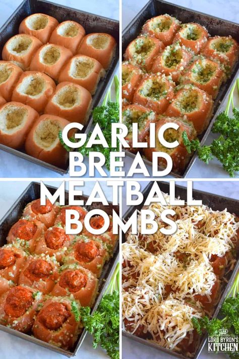 Garlic Bread Meatball Bombs are hollowed out dinner rolls which have been liberally smeared with homemade garlic butter. Each roll is stuffed with a meatball and sauce, then topped with cheese. Baked to a bubbling, gooey perfection, these bombs are the bomb! #meatballs #sliders #dinnerrollrecipes #bombs #meatballrecipes #familyrecipes #garlicbread Garlic Bread Meatball, Breaded Meatballs, Homemade Garlic Butter, Meatball Recipes Easy, Cheese Baked, Läcker Mat, Football Food, The Bomb, Dinner Rolls