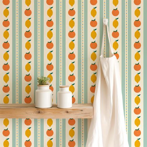 Teal Orange Kitchen, Mid Century Modern Kitchen Wallpaper, Cute Kitchen Wallpaper, Yellow And Orange Kitchen, Mid Century Color Scheme, Light Teal Wallpaper, Red And Teal Kitchen, Pantry Dining Room, Vintage Yellow Kitchen