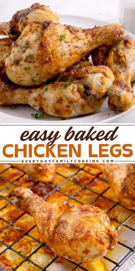 Baked chicken legs get a nice crispy skin and juicy meat! This classic dish is easy, comes out super flavorful every time, and is made with a handful of pantry ingredients. Crispy Baked Chicken Legs Recipes, Best Chicken Legs Recipe, Chicken Legs In Oven Recipes Easy, Baked Drumsticks Oven Crispy, One Pan Chicken Leg Dinner, How Long To Cook Chicken Legs In Oven, Easy Oven Baked Chicken Legs Recipes, Easy Chicken Legs Recipes, Broiled Chicken Legs In The Oven