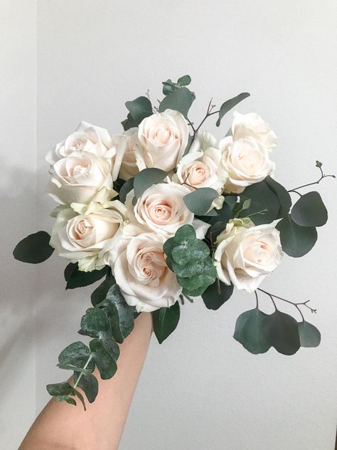 Eucalyptus Rose Bouquet, White Roses Eucalyptus Bouquet, Rose And Eucalyptus Bouquet, Roses With Eucalyptus, Roses And Eucalyptus, Eucalyptus Bouquet, Pale Pink Roses, Rose Wedding Bouquet, Bouquet Ideas