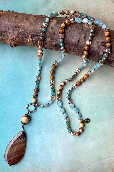 Debbie Necklace - Turquoise/Brown – Angie Brooke Boutique Danielle Brown, Boho Jewelry Diy, Brown And Turquoise, Rebecca James, Bracelets Patterns, Necklace Ideas, Long Beaded Necklace, Neck Jewellery, Beads And Wire