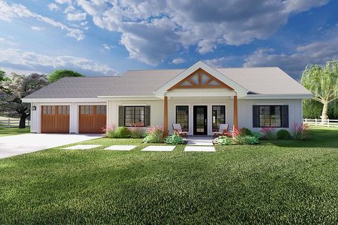 House Plan 80525 - Country, Craftsman, Farmhouse, Ranch Style House Plan with 1232 Sq Ft, 2 Bed, 2 Bath, 2 Car Garage One Story House Plans With Front Porch, Two Master Suite House Plans One Story, Full Front Porch, Tiny Cottages, 1000 Sq Ft, Porch Addition, House Quotes, Ranch Style House Plans, Farm Houses