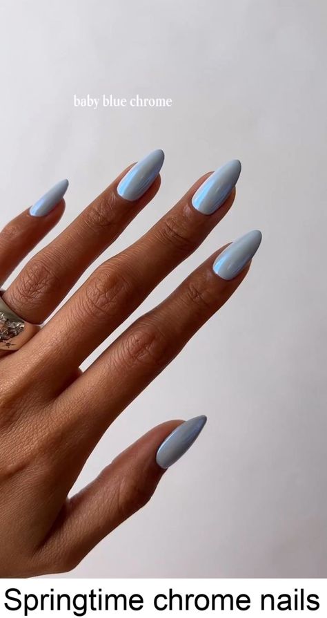 Springtime chrome nails Blue Crome Nails French, Light Grey Chrome Nails, Light Blue Nails Almond, Light Blue Chrome Nails, Chrome Nail Ideas, Blue Chrome Nails, Scandinavian Wedding, Light Blue Nails, Chrome Nail Art