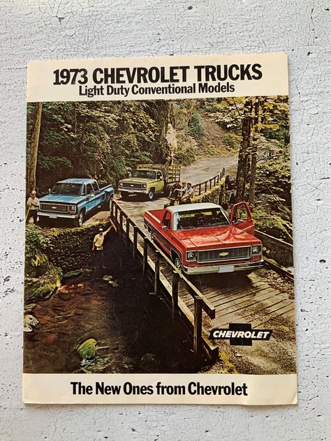 "1973 Chevrolet Trucks brochure! Awesome photos, cutaway view, and illustrations! Step side. Suburban. 3+3. Heavy duty. 454 v8 trucks. In good condition as shown in the photos. 16 pages. 8 1/2 X 11\"." Trucks Gmc, Cola Wars, 2006 Chevy Silverado, Chevy Trailblazer, Horse And Buggy, Gmc Envoy, Hitch Cover, Gin Bottles, Chevy Chevrolet