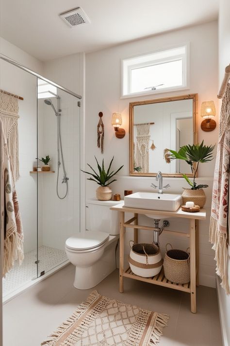 Boho Modern Bathroom Decor, Boho Chic Spa Decor, Boho Living Room White Walls, Bathroom Inspo Aesthetic Bohemian, Bathroom Boho Chic, Mediterranean Studio Apartment, Cozy Airbnb Decor, Tulum Bathroom Decor, Small Bathroom Boho Ideas