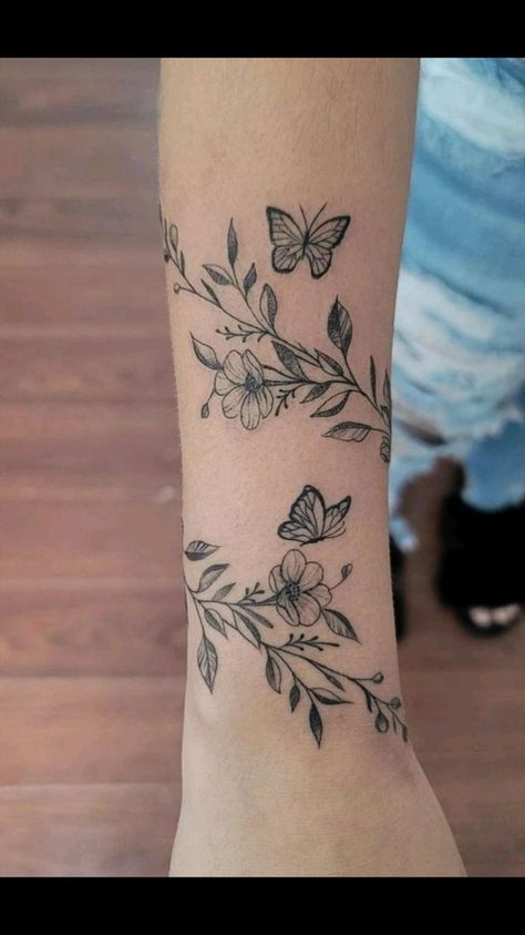 Wrap Around Wrist Tattoos, Around Arm Tattoo, Wrap Around Tattoo, Unique Butterfly Tattoos, Vine Tattoo, Wrap Tattoo, Tattoo Minimalist, Galaxy Tattoo, Tattoos For Women Flowers