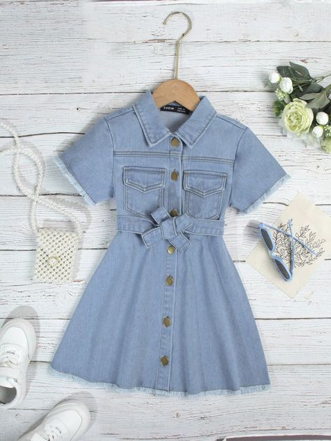 Light Wash Casual Collar Short Sleeve Denim Plain Shirt Embellished Non-Stretch  Toddler Girls Clothing Denim Cowgirl Outfit, Denim Cowgirl, Belted Denim Dress, Girls Denim Dress, Short Sleeve Denim, Blue Denim Dress, Denim Dresses, Plain Shirt, Mini Dress Fashion