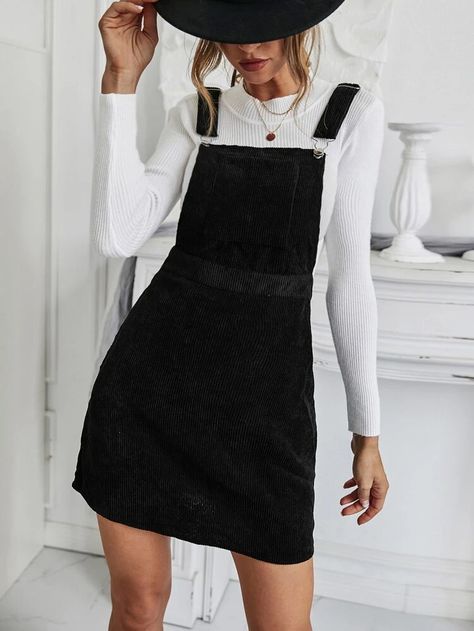 Overalls Dress Outfit, Corduroy Dress Outfit, Drop Shoulder Dress, Black Preppy, Corduroy Overall, Corduroy Overall Dress, Split Hem Dress, Fall Dress Outfit, Zebra Dress