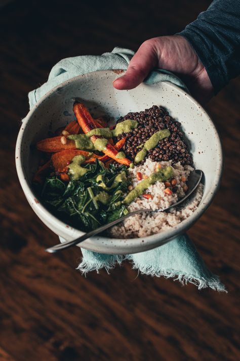 Fluffy fonio is combined with garlicky sauteed kale, roasted carrots with pine nuts, cooked black lentils, and a cilantro mint yogurt sauce for a filling vegan and gluten free meal. While the combination of kale and carrots is one of my favorites, you can easily adapt this bowl recipe to suit any season you find yourself in! Fonio Recipes, Carrots Sweet, Mint Yogurt Sauce, Garlicky Kale, Canned Lentils, Black Lentils, Mint Yogurt, Fonio, Sauteed Kale