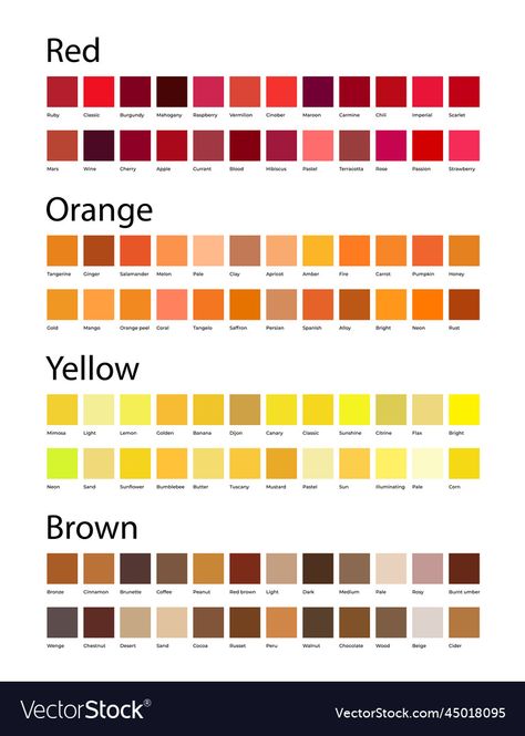 Brown Colors Shades, Orange Color Shades, Shades Of Yellow Color, Color Knowledge, Color Mixing Chart, Orange Color Palettes, Color Palette Yellow, Red Colour Palette, Colors Shades