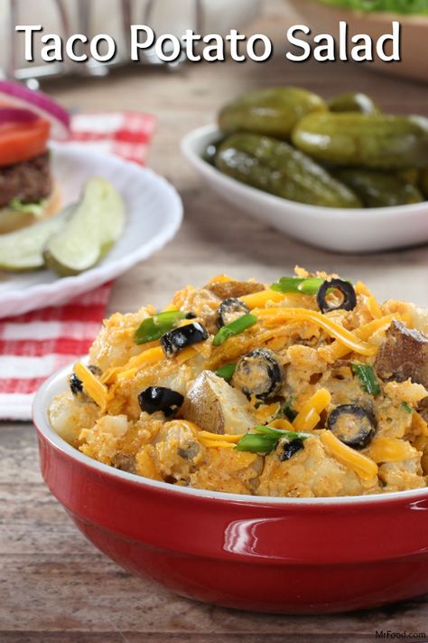 Our Taco Potato Salad is a new take on an old-summer classic. It's got a Tex-Mex twist, with all your favorite taco tastes, like black olives and tortilla chips! Tex Mex Potato Salad, Taco Potato Salad, Mexican Potato Salad, Patato Salad, Fridge Recipes, Mr Food Recipes, Salad Lovers, Gourmet Salads, Mr Food