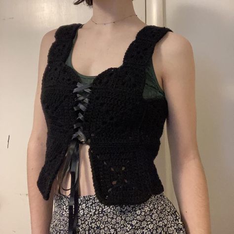 I might be biased but you should probably buy this on Depop 👍 https://depop.app.link/cdIaRRTOMwb Black Granny Square, Lace Up Vest, Handmade Brand, Square Crochet, Black Ribbon, Crochet Lace, Granny Square, Acrylic Yarn, Ribbon