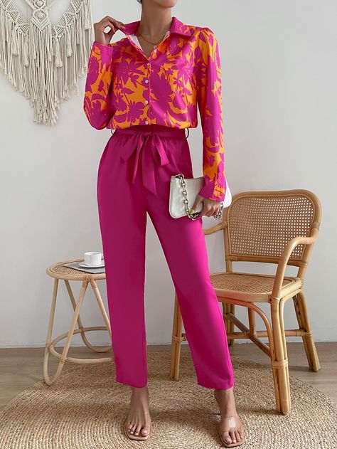 Pink Floral Pants Outfit, Hot Pink Blouse Outfit Work, Pink Pants Outfit Women, Hot Pink Silk Shirt Outfit, Pink Pant Outfits For Women, Fuschia Pants Outfit, Pink Pants Outfit Casual, Hot Pink Silk Blouse Outfit, Pink Work Outfit Office Style