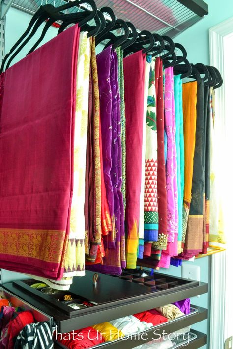 Saree Closet Organization, Blouse Organization, Saree Cupboard Ideas, Saree Organization Ideas, Saree Storage Ideas, Saree Wardrobe Organisation, Saree Organization In Closet, Indian Closet Organization, Small Walk In Closet Makeover