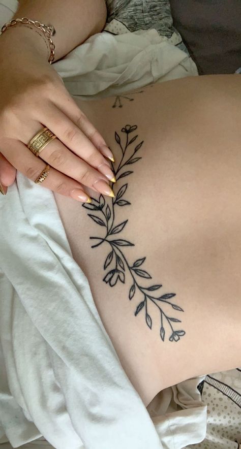 Tattoo Leaves Tramp Stamp, Plant Tramp Stamp, Botanical Tramp Stamp, Floral Tramp Stamp Tattoos, Flower Tramp Stamp Tattoos, Floral Tramp Stamp, Flower Tramp Stamp, Arm Doodles, Pregnancy Tattoo